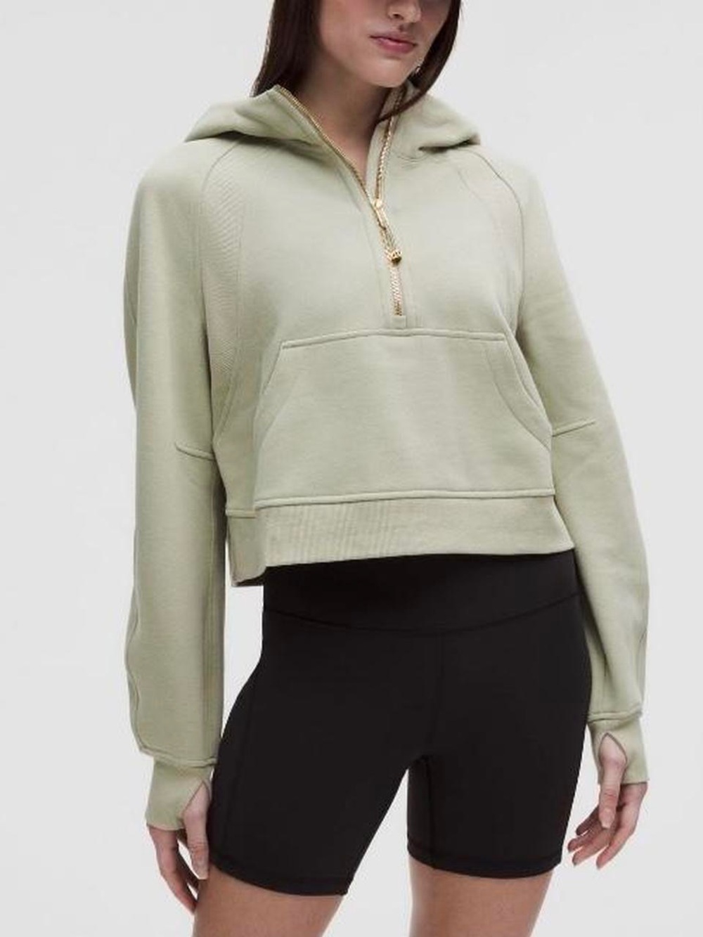 lululemon Women’s Scuba Cropped Half-Zip Hoodie Sweater Sage Green gold zip